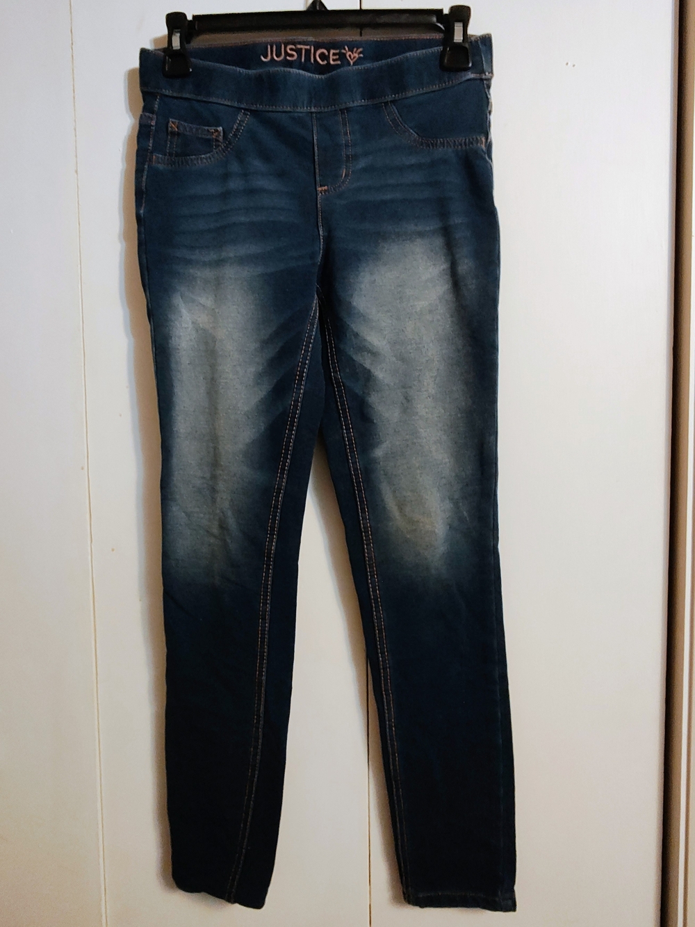 Justice Girls Dark Blue Denim Jeggings with Pink Logo Stitching